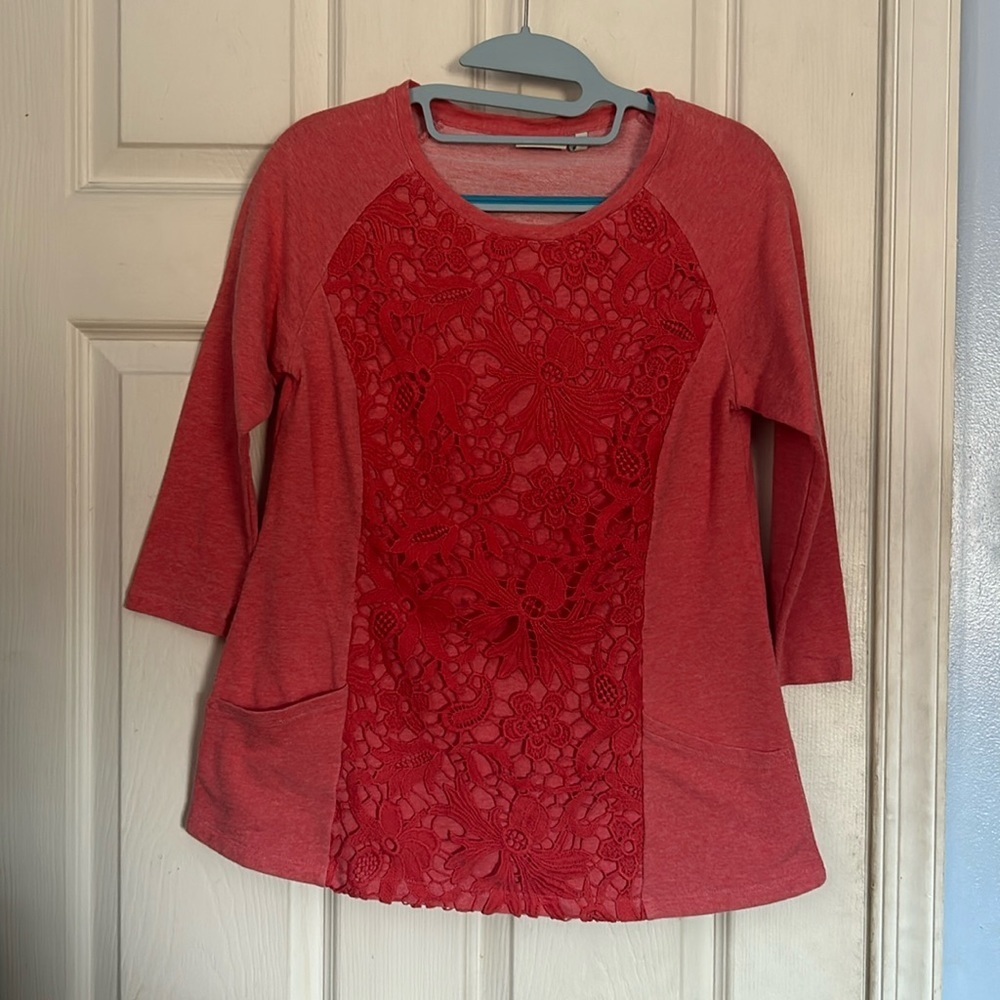 LOGO Lounge by Lori Goldstein French Terry Top with Lace Crochet Front size XXS